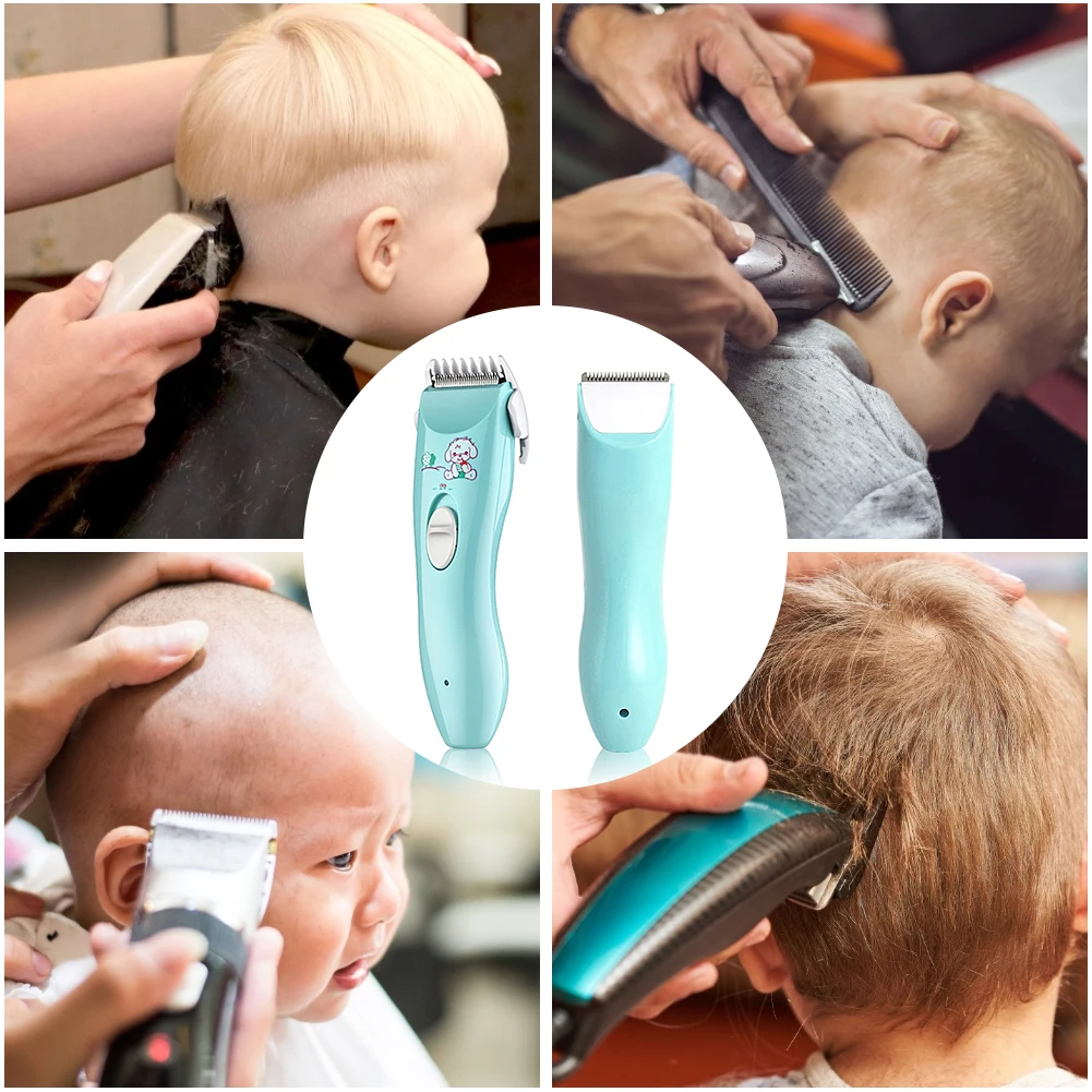 La imagen es un collage de cuatro fotografías independientes, cada una de las cuales muestra una escena diferente relacionada con el cuidado del cabello.

1. En la foto superior izquierda, una persona usa una cortadora de cabello para recortar el cabello de un niño. El niño parece ser un niño pequeño con cabello rubio.

2