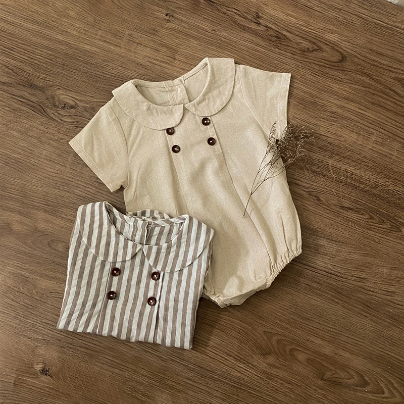 Body de estilo pijo para bebé, ropa de lino transpirable de una pieza con Cuello de camisa para niño y niña, novedad de verano - imagen 5