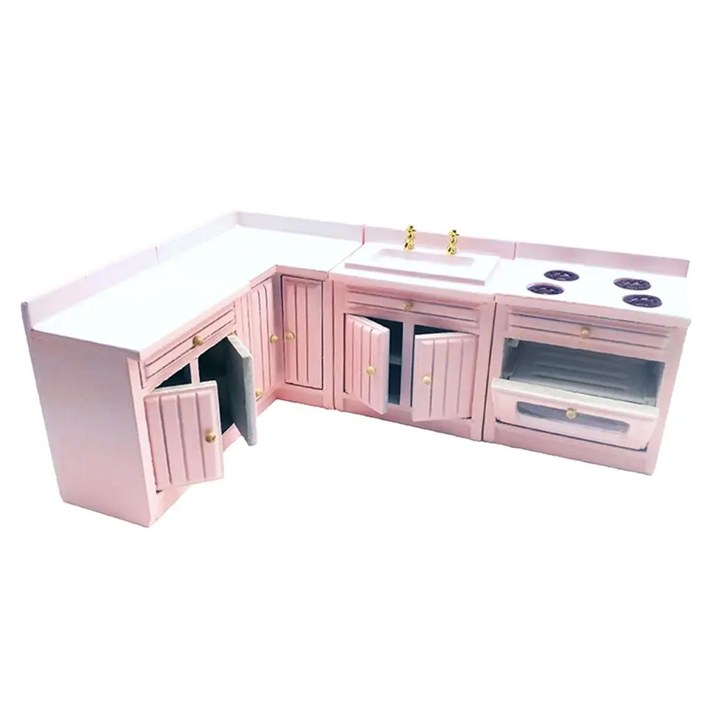 1:12 Scale Dollhouse Miniature Wooden Kitchen Cabinet Furnishings Decor Pink