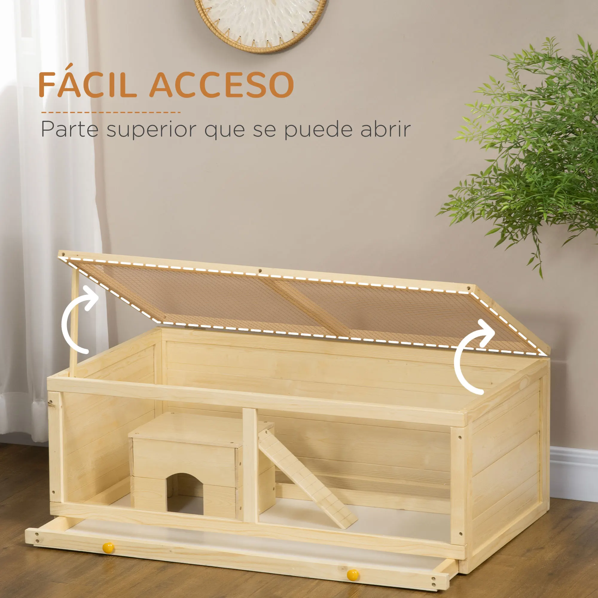 PawHut Jaula para Hámster de Madera 100x58x38 cm Casa para Roedores con Tapa Abatible Panel de Acrílico Bandeja Extraíble y Cabaña para Conejos Chinchillas Natural - imagen 5