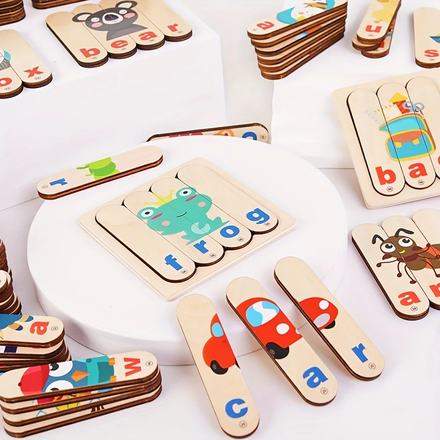 192 Uds. Rompecabezas de ortografía para niños, rompecabezas de madera de doble cara con letras, rompecabezas de juguete para niños en edad preescolar, juguete Montessori - imagen 5
