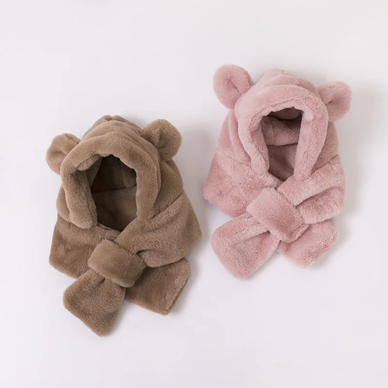 Gorros bonitos de oso para bebé, gorros, pañuelo, nuevo Otoño Invierno, gorro cálido de felpa sólido para niños, bufanda para exteriores, gorra para niño y niña de 0 a 3 años