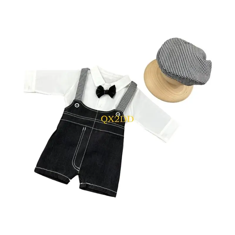 QX2D fotografía disfraz sombrero y camisa pantalones traje sesión fotos ropa bebé suministro - imagen 2