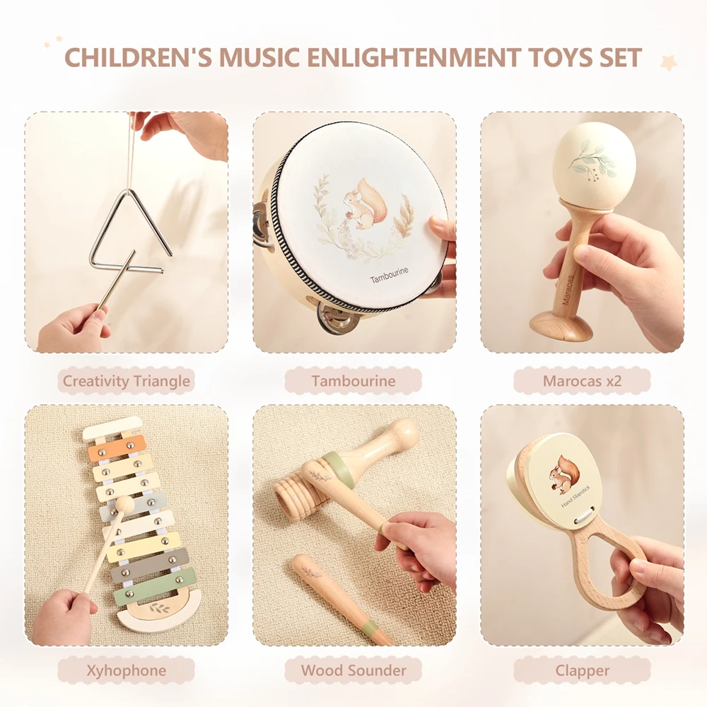 Instrumentos musicales Montessori para niños, juguetes de madera para bebés, instrumentos musicales para niños, juguetes para niños pequeños, juegos de instrumentos de ardilla, regalo - imagen 3