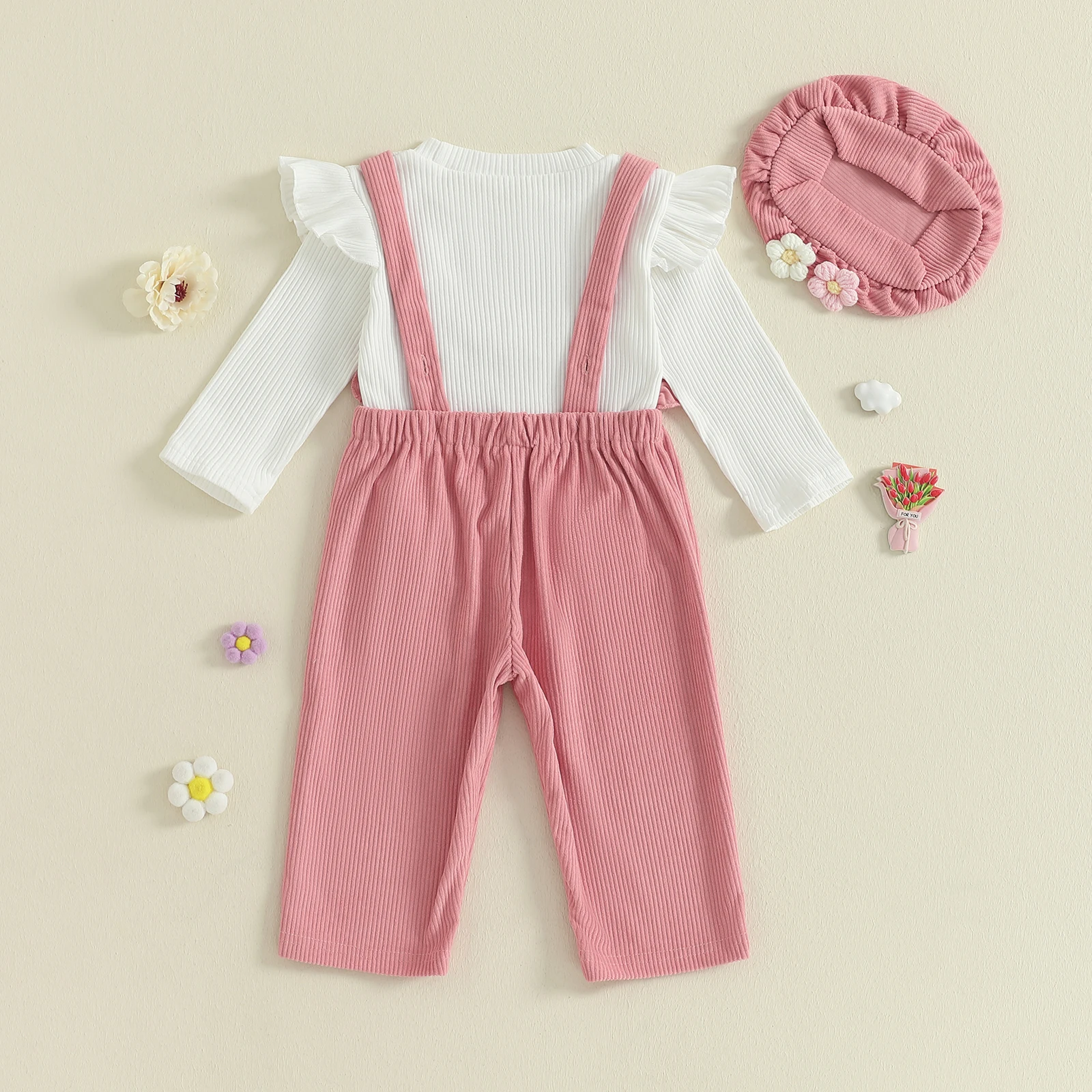 Ropa linda para niñas, camiseta de manga larga con cuello redondo y mono de flores y sombrero, traje de otoño de 3 piezas - imagen 3