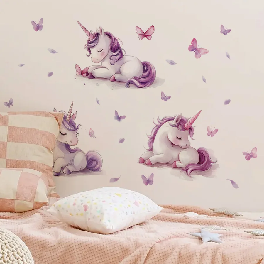 Pegatinas de pared de unicornio de ensueño, pegatinas de pared autoadhesivas de dibujos animados de mariposa, pegatinas de decoración para dormitorio y habitación de niños - imagen 3