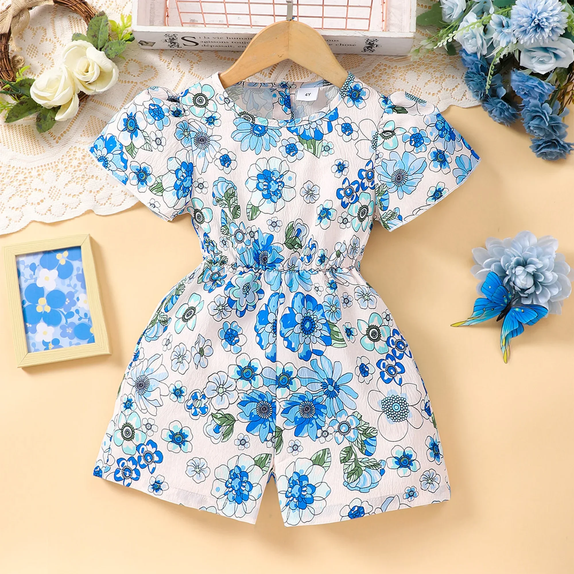 Nuevo Mono de verano para niñas, pelele de manga corta con flores azules para niños, ropa informal de moda para vacaciones para niños de 2 3 4 5 6 7 años - imagen 2