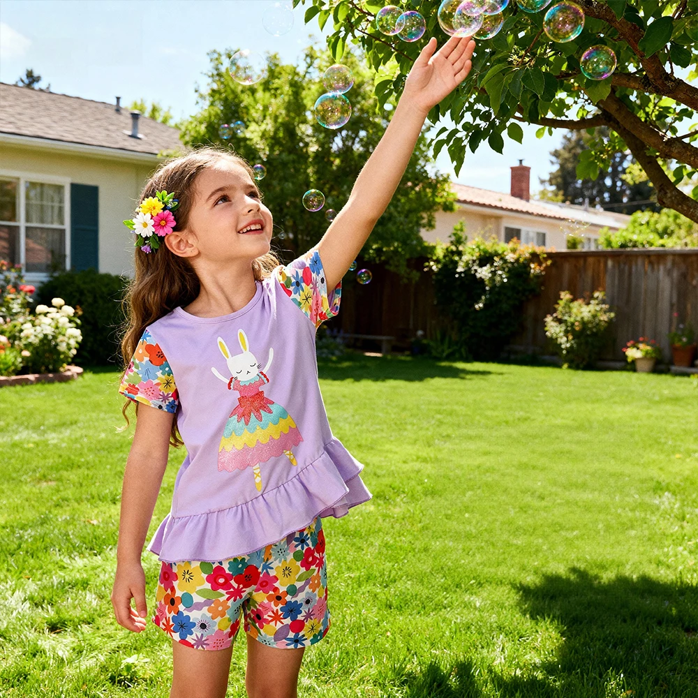 DXTON conjunto verano niño: top y shorts estampado conejos y flores - imagen 5