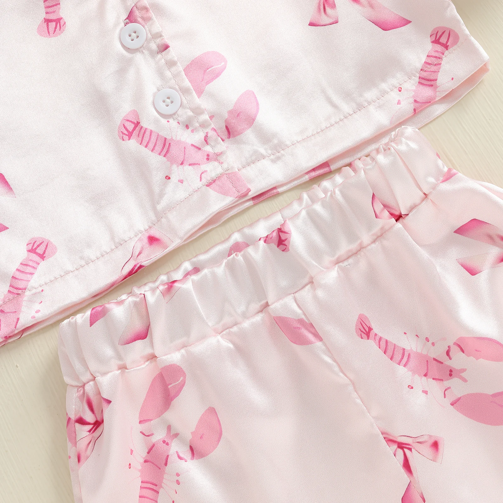 Conjunto de pijamas para niñas de 1 a 4 años, camisa de manga larga con botones y estampado de langosta y lazo con ribete de plumas y pantalones elásticos para ropa de descanso - imagen 4