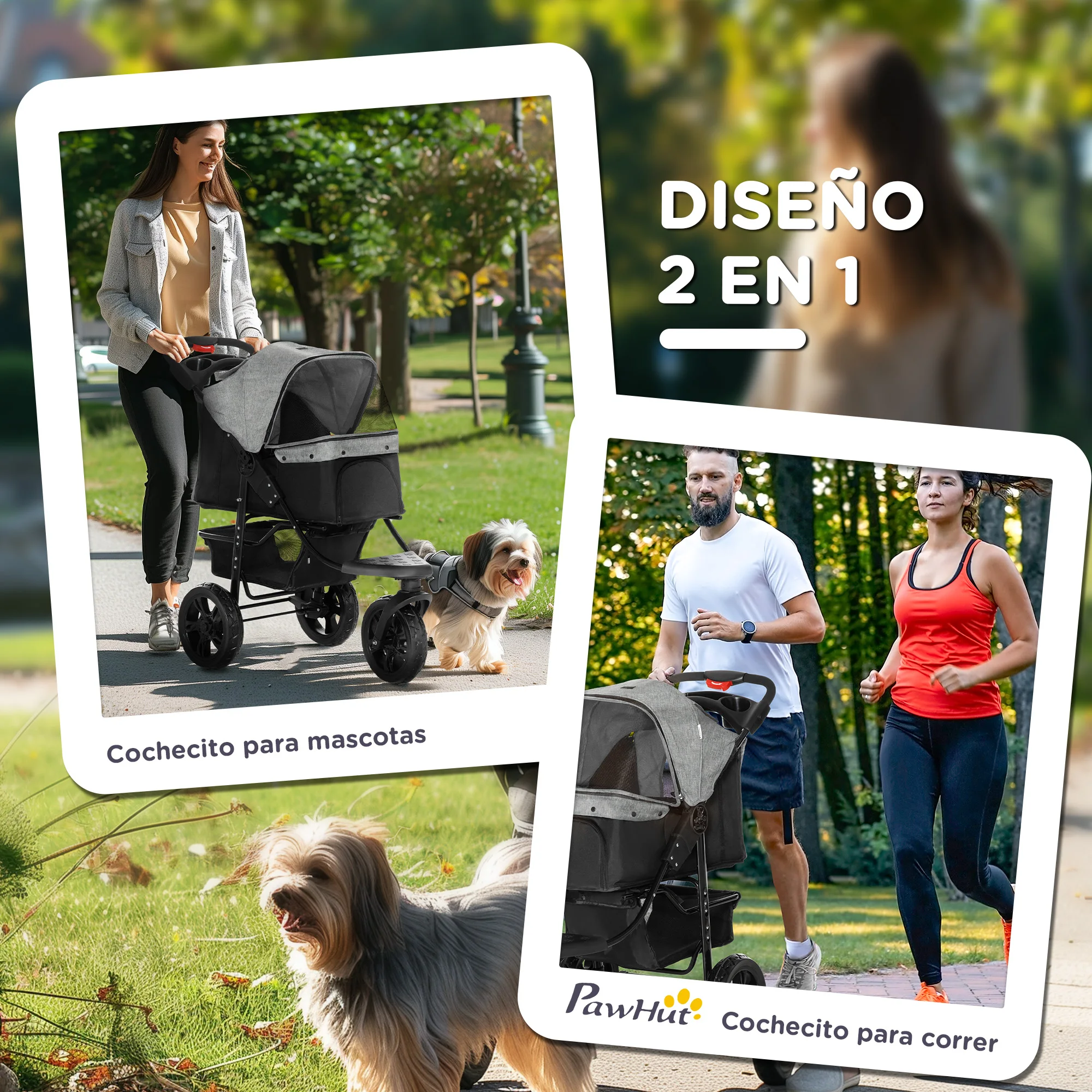 PawHut Carrito para Perros Plegable Cochecito para Mascotas Carrito para Perros Pequeños con 3 Ruedas Ventanas de Malla Cesta de Almacenaje y Correas de Seguridad 109,5x57,5x106,5 cm Gris - imagen 5
