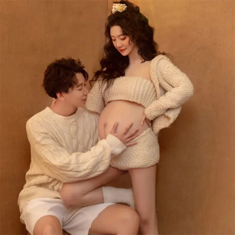 Accesorios de fotografía para mujer, suéter tejido, cárdigans superiores, pantalones cortos, calcetines, ropa de embarazo, pareja, familia, maternidad, accesorios para fotos, trajes - imagen 3