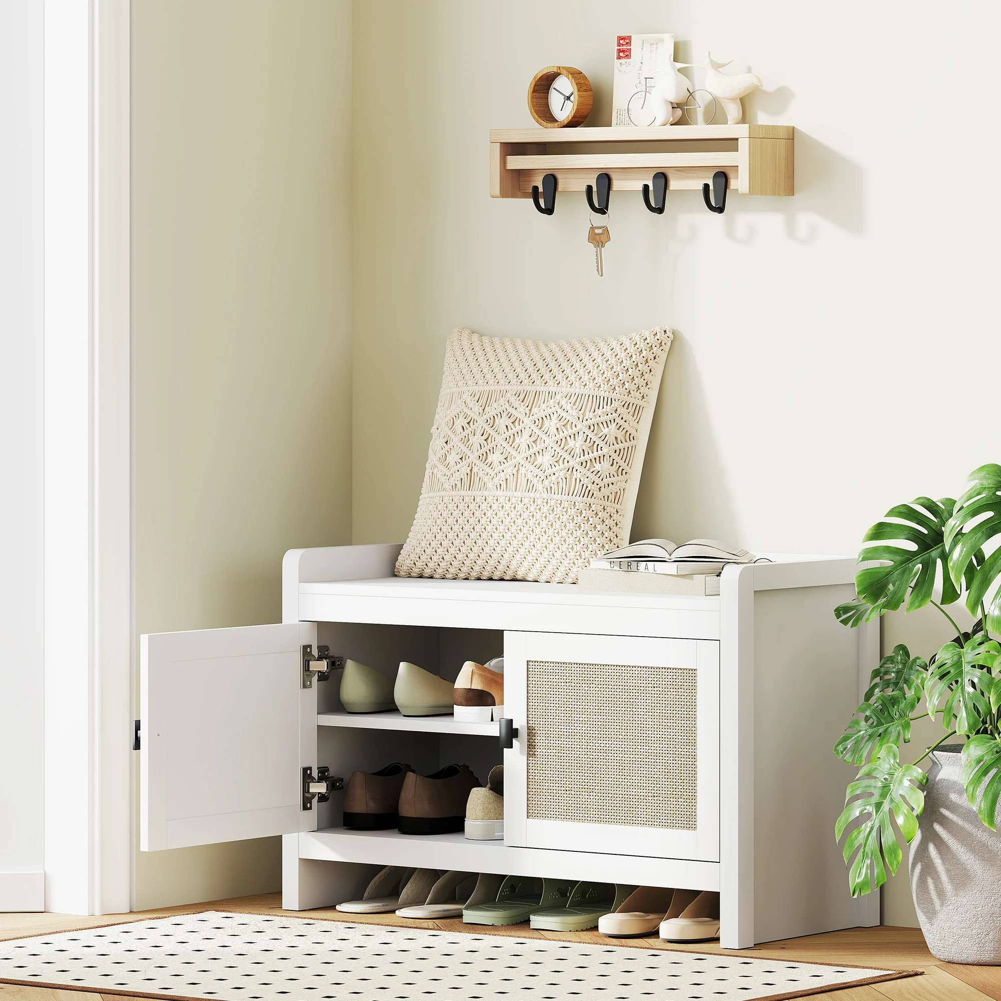 HOMCOM Banco Zapatero Mueble Zapatero Banco de Almacenamiento Bohemio con Puertas Frentes de Ratán Estante Extraíble para 8 Pares de Zapatos para Entrada Dormitorio 80x35x52 cm Blanco