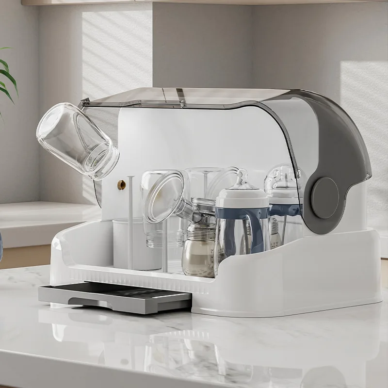 Caja organizadora de biberones con tapa, escurridor a prueba de polvo para vajilla de bebé, Material PP transparente, secado rápido, diseño grueso