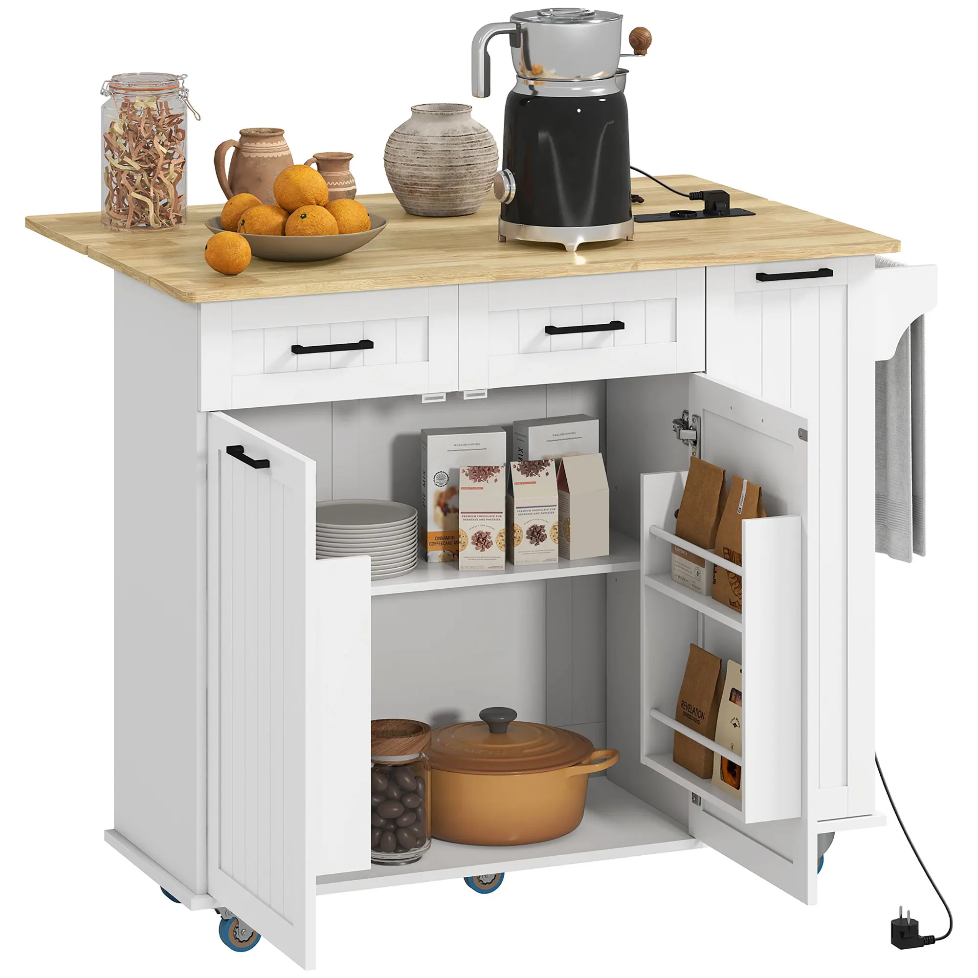 HOMCOM Isla de Cocina con Ruedas Carro de Cocina con Toma de Corriente USB Tablero Plegable 2 Cajones 2 Puertas Estante Ajustable Especiero y Toallero 119,5x74x94,5 cm Blanco - imagen 2
