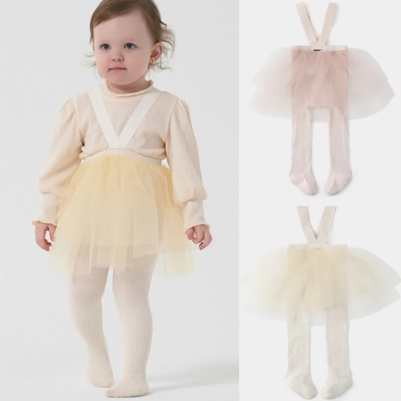 Medias de algodón peinado suave para niñas pequeñas, pantimedias de punto elásticas de Color sólido con falda tutú para niñas pequeñas de 1-2 años