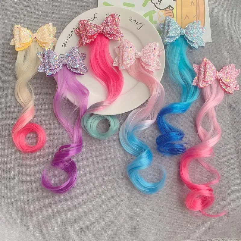 Pinza para el pelo con lazo de Color degradado, diademas para niñas de Estilo Princesa, pelucas coloridas para niñas, pinza para cola de caballo de unicornio de dibujos animados, regalo para niños - imagen 4