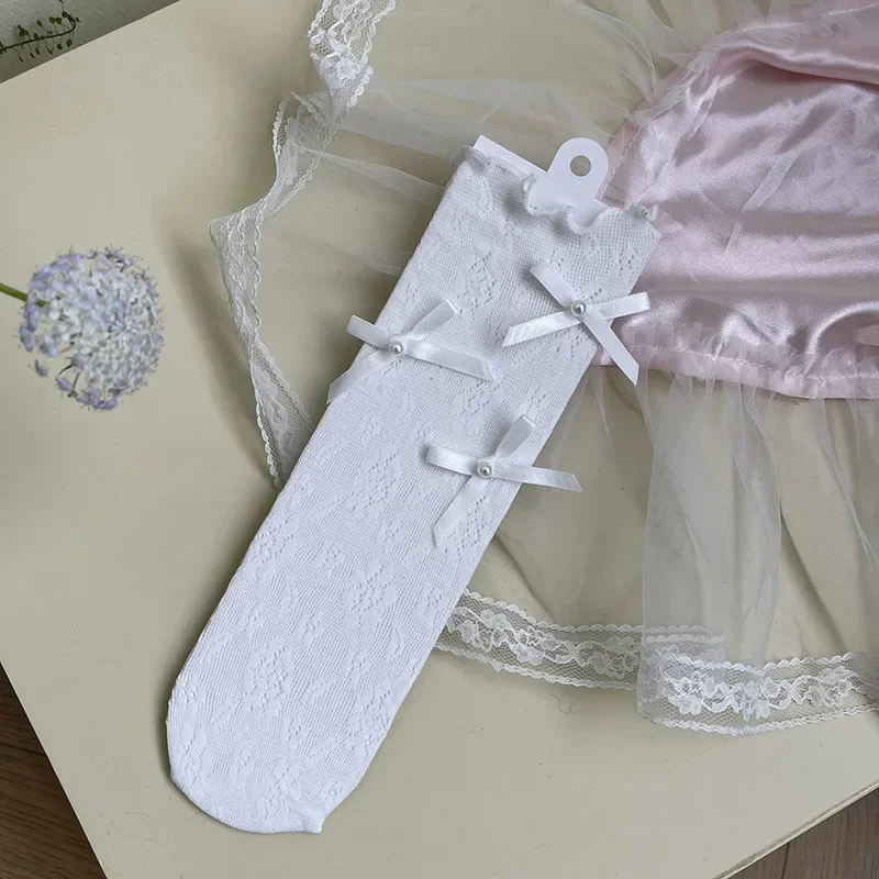 Calcetín de pantorrilla Floral Jacquard de verano para niños y niñas, calcetín coreano con lazo a la moda para niños, calcetín elástico de nailon suave, ropa - imagen 5