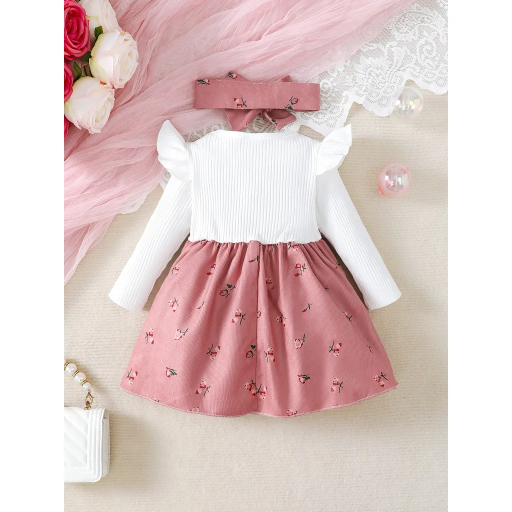 Vestido de princesa para niña pequeña de 0 a 2 años, vestido de manga larga con estampado de flores y lazo grande + diadema, ropa de moda de otoño para niña, 2 uds. - imagen 2