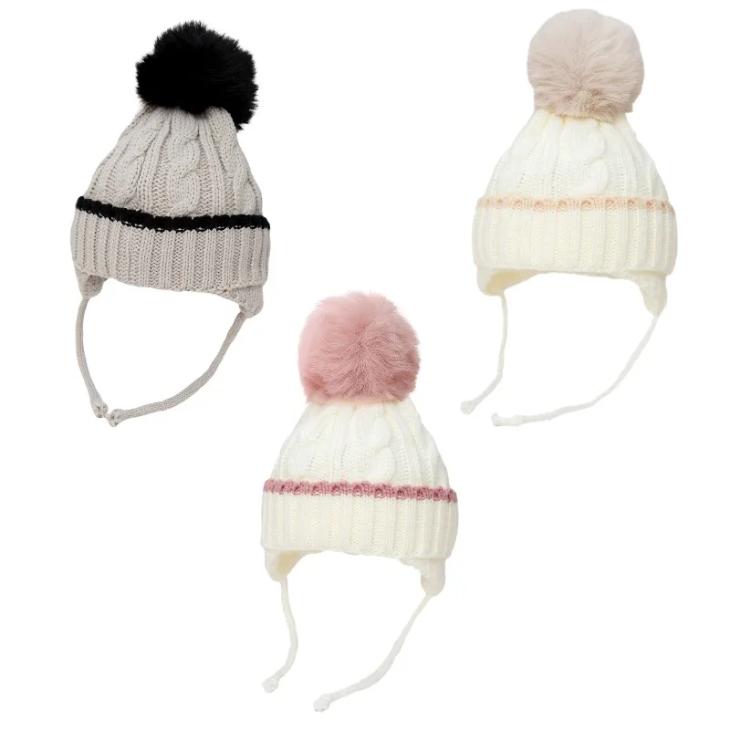 Gorro de punto bebé con pompón y orejeras – Térmico de invierno