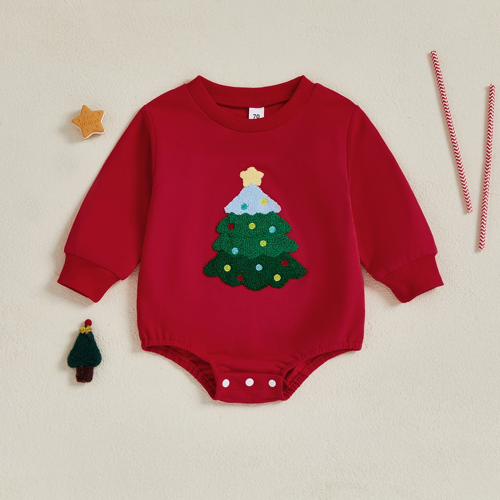 Sudadera navideña para bebé de 0 a 18 meses, mameluco con bordado de árbol, mono de burbujas con cuello redondo y manga larga