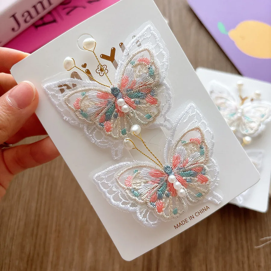 Horquilla antigua con bordado de malla para niños, accesorios para el cabello para niñas y niños, mariposa y perlas, 2 uds. - imagen 3