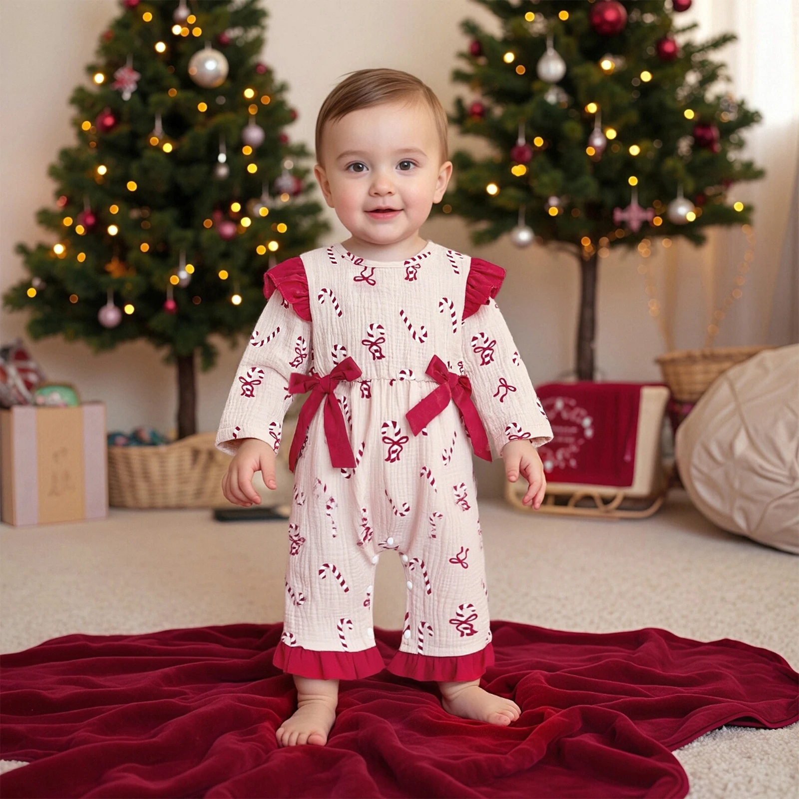 Suefunskry Mameluco de Navidad para bebé niña con volantes, manga larga, cuello redondo, estampado de bastón de caramelo, mono con decoración de lazo - imagen 2