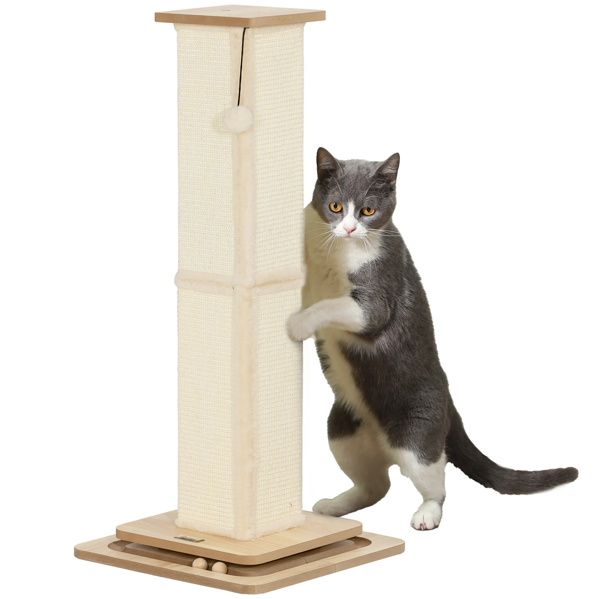 PawHut Poste Rascador para Gatos 87 cm Rascador para Gatos Arañador para Gatos con Bola Colgante Juguete de Pelota de Pista y Poste de Sisal Roble - imagen 2