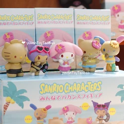 Sanrio personaje caja ciega juguetes verano vacaciones en la playa serie figura de Anime piel negra Hello Kitty Kuromi Melody Kdis regalos