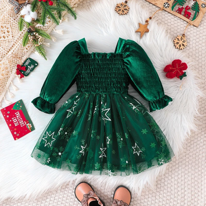 Vestido de terciopelo y tul de Navidad de manga larga para niñas - imagen 3