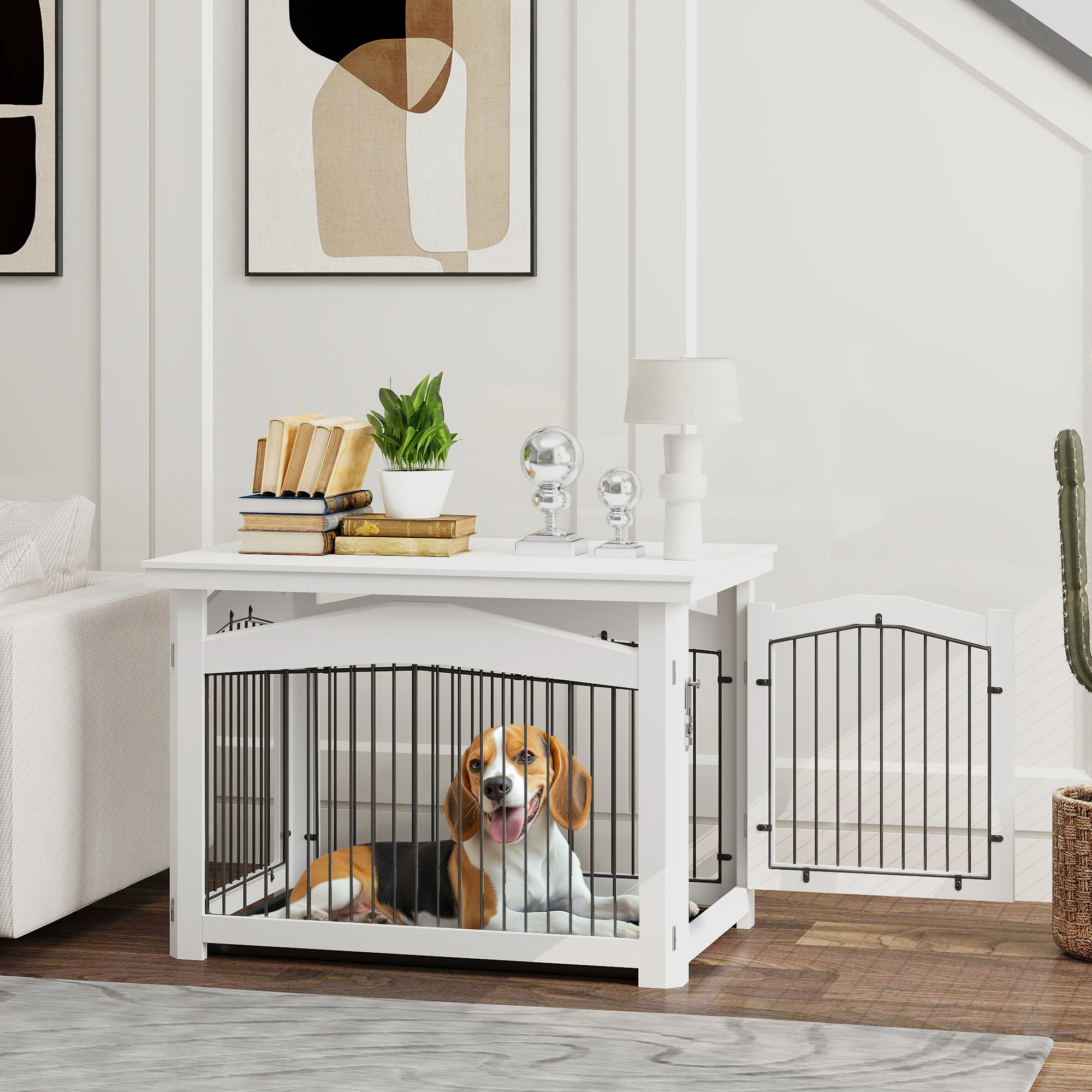 PawHut Jaula para Perros Medianos 3 en 1 Mesa Auxiliar Barrera para Perros con Puerta con Pestillo Tapa Superior Desmontable y Bandeja Extraíble 82,5x57,5x59,5 cm Blanco - imagen 2