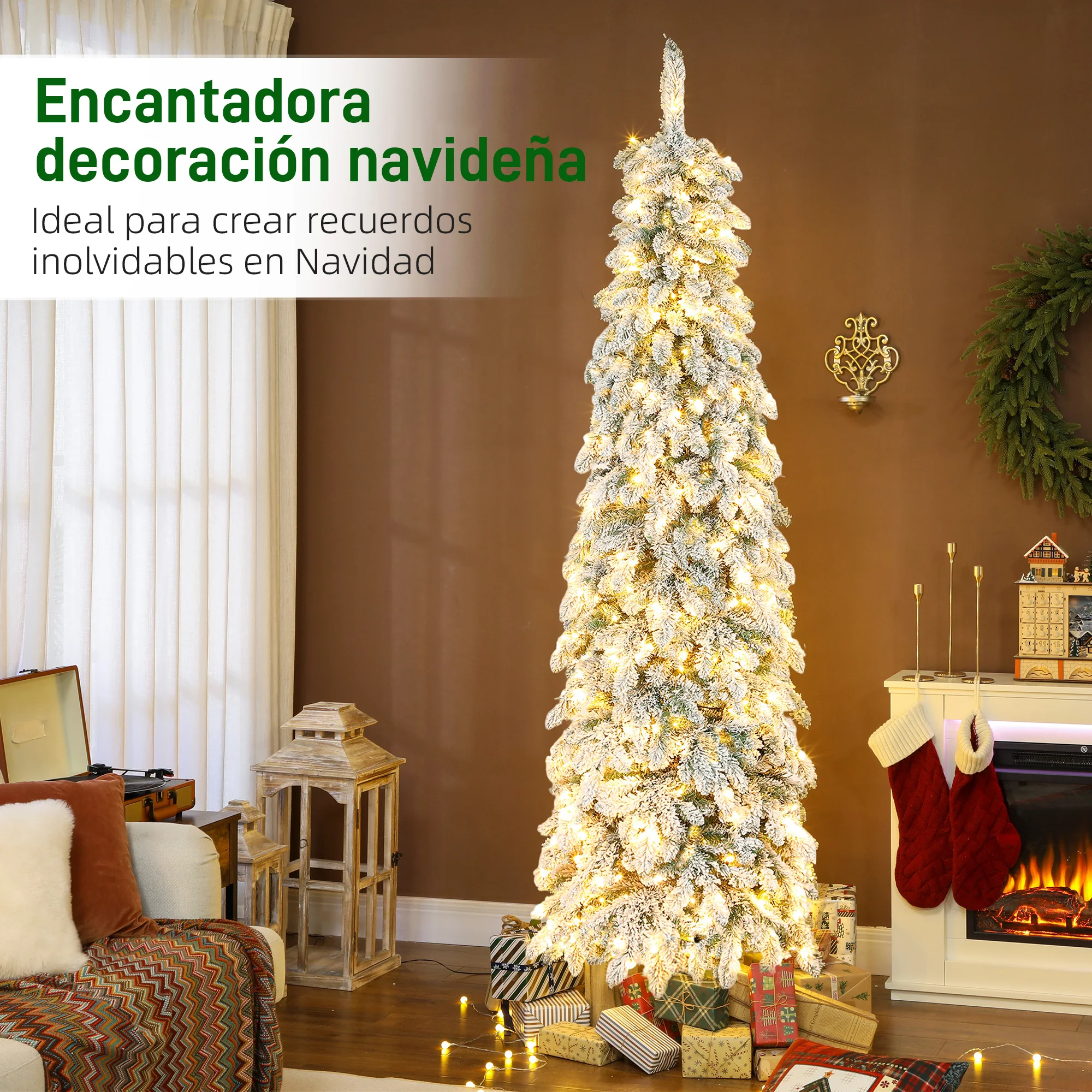 HOMCOM Árbol de Navidad Estrecho 225 cm, Árbol de Navidad Nevado con Luces LED Bicolor, 11 Modos de Iluminación con Temporizador, 800 Ramas, Soporte de Acero, Montaje Fácil, Verde - imagen 4