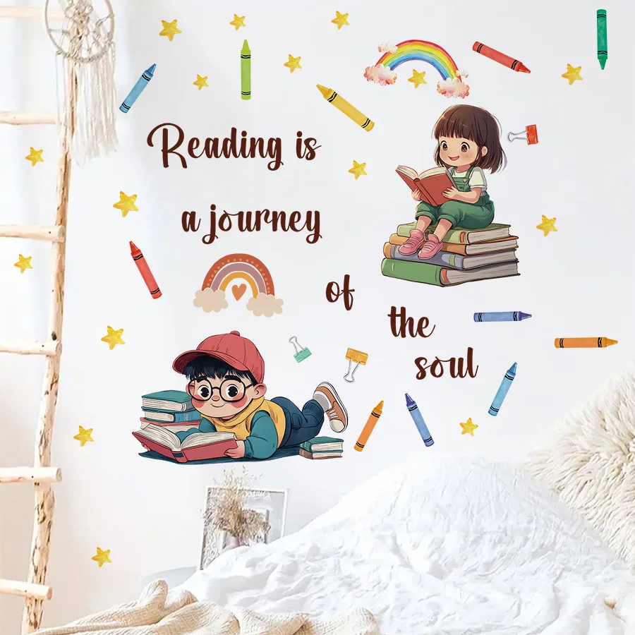Pegatinas de pared autoadhesivas de lectura para niños, puertas de dormitorio, pegatinas de decoración para habitación de niños, bolígrafos de acuarela de Luna - imagen 2