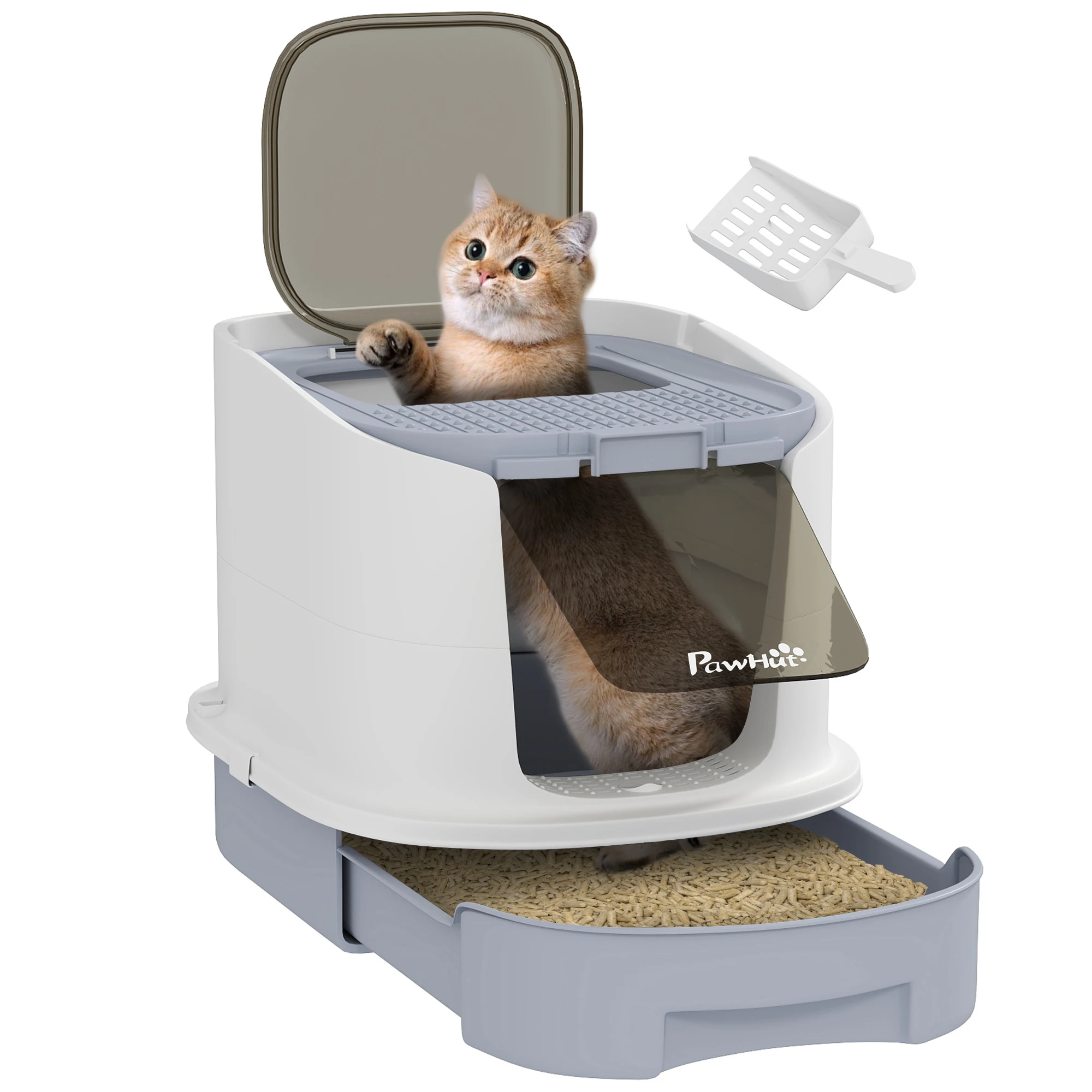 PawHut Arenero para Gatos Cubierto Caja de Arena para Gatos Arenero Cerrado para Gatos con Entrada Frontal Salida Superior Tapa Removible Bandeja Extraíble y Pala 40,5x52,5x42,5 cm Blanco y Gris