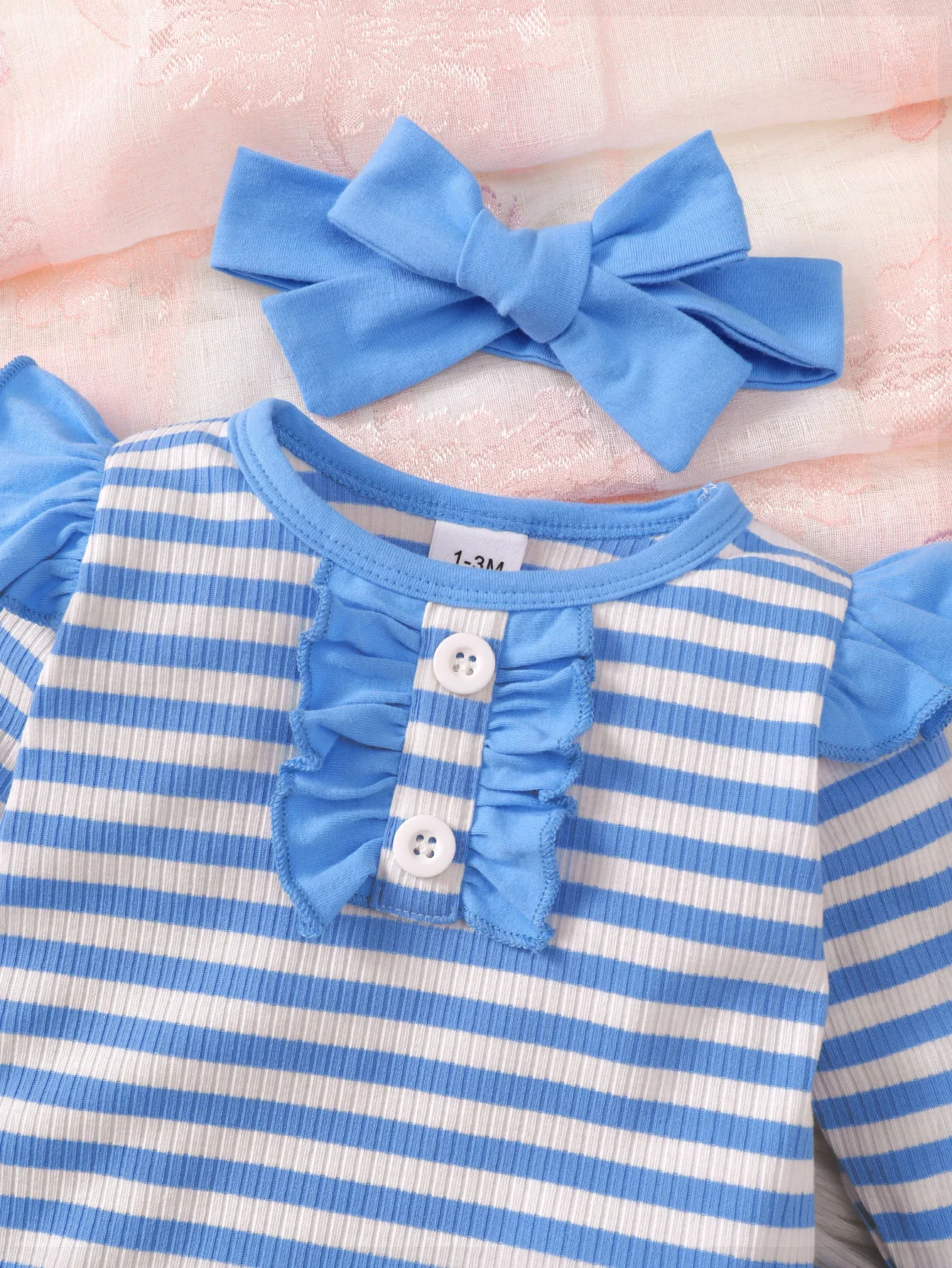 Conjuntos de ropa para bebé recién nacido, monos a rayas de manga larga con volantes, pantalones y diadema, bonitos dibujos animados, primavera y otoño - imagen 3