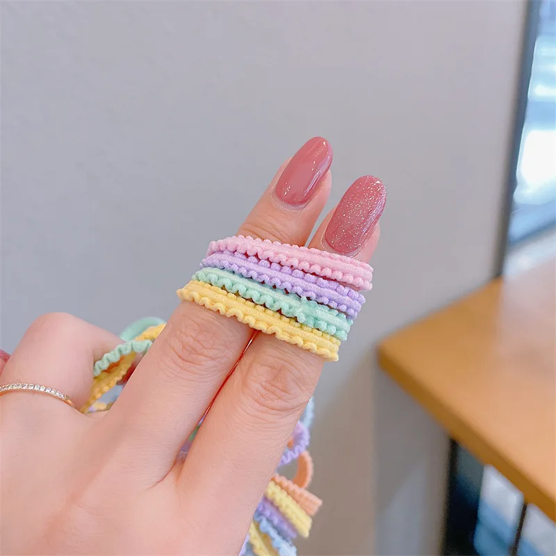 50 Uds. Versión coreana de banda para el cabello de Color caramelo, banda de goma pequeña de encaje de Color para niños, diadema con lazo para bebé, tocado bonito para niña - imagen 4