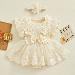 Pelele para niña recién nacida – Vestido de encaje con volantes y diadema