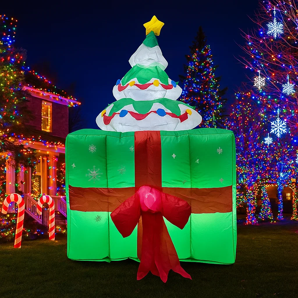 Decoración inflable para vacaciones al aire libre de 5,9 pies, árbol de Papá Noel, caja de regalo, luces, adorno de patio de Navidad, decoración navideña para el hogar, juguete de fiesta - imagen 4