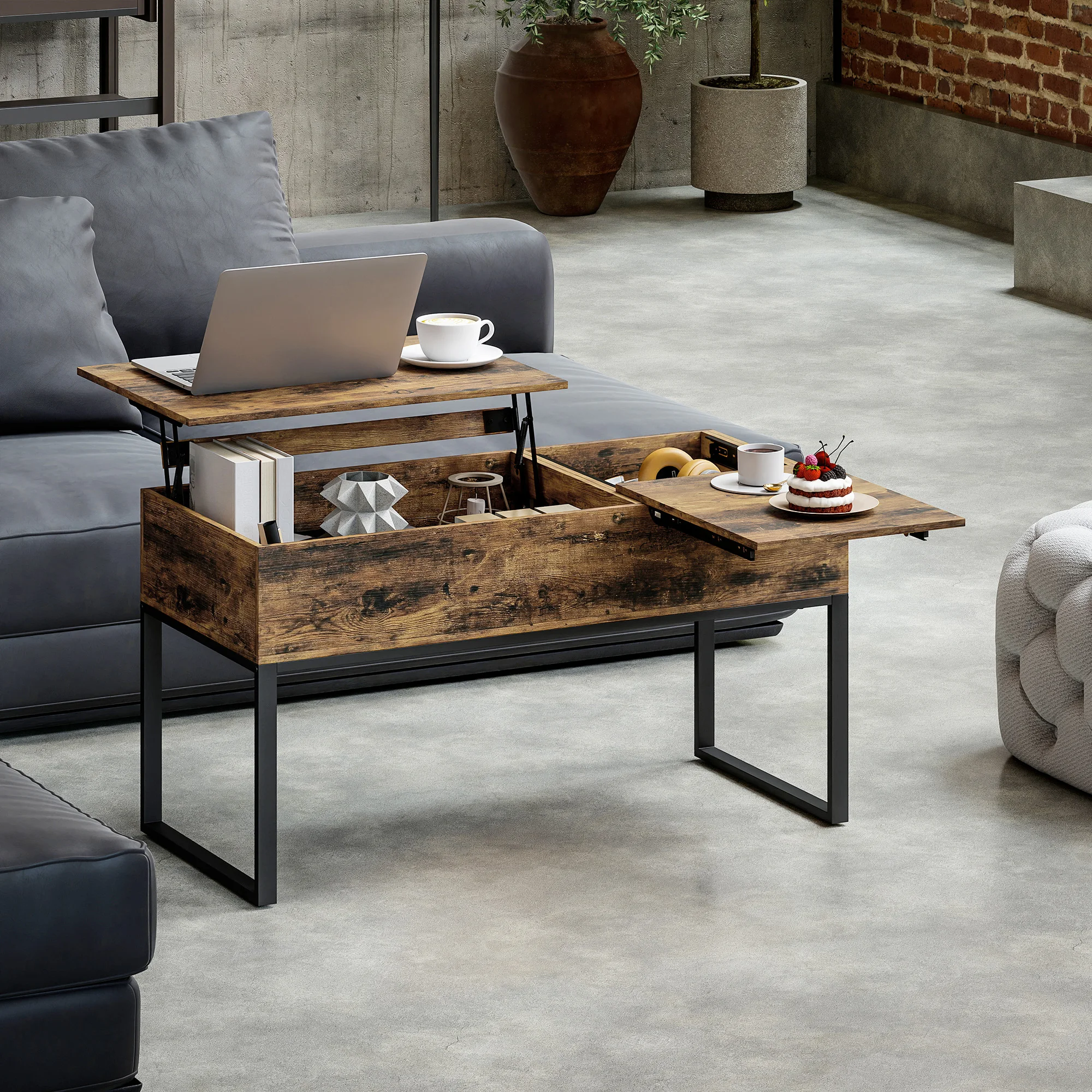 HOMCOM Mesa de Centro Elevable Mesa de Café con Encimera Deslizante Cierre Suave Espacio Oculto de Almacenaje 100x45x67 cm Marrón Rústico