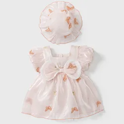 Conjunto veraniego para niña con mono corto, lazo y sombrero