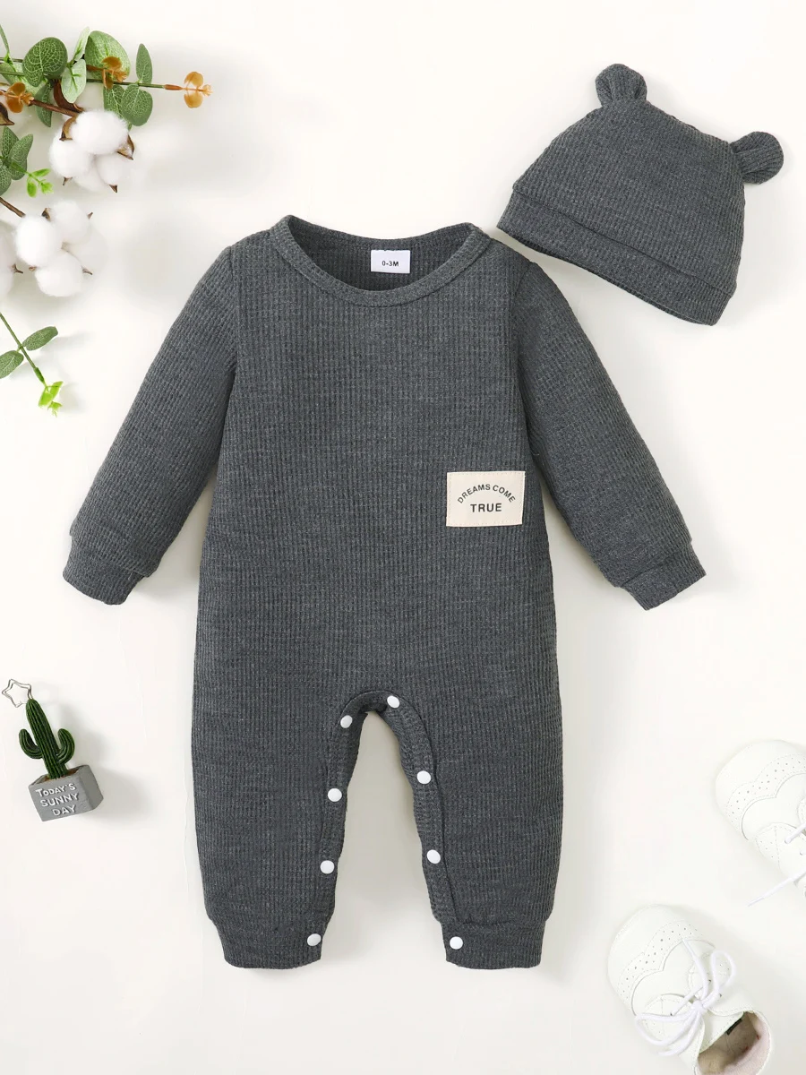 Disfraz de moda para niño recién nacido de 2 piezas, Body de manga larga y sombrero de Color sólido, Pelele de primavera y otoño para niño pequeño de 0 a 18 meses
