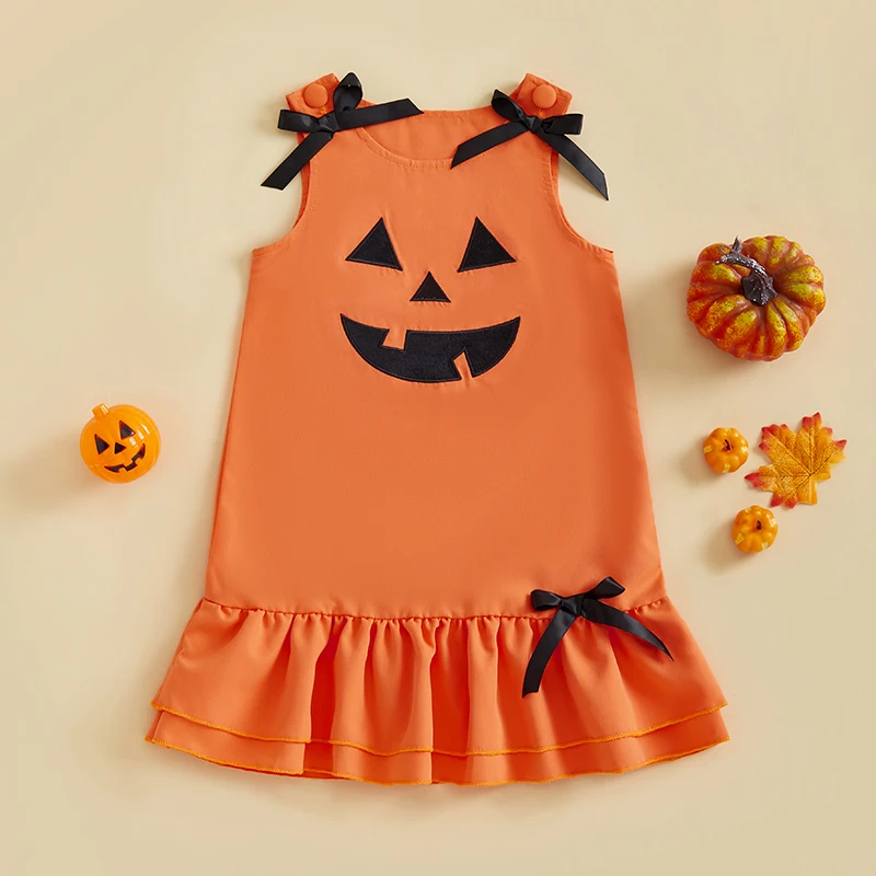 Vestido de Halloween para niña pequeña de 1 a 4 años, sin mangas, cuello redondo, bordado de calabaza, vestido de vacaciones para bebé