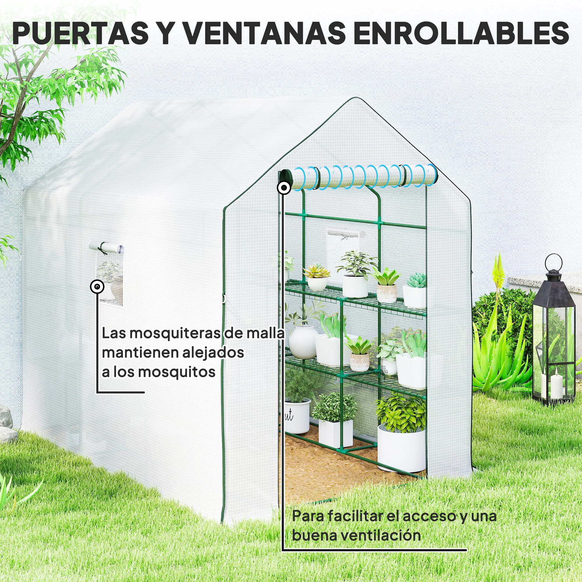 Outsunny Invernadero de Jardín de 3 Niveles, Invernadero de Exterior con 12 Estantes, Puerta Enrollable, Ventanas, Anti-UV, Cubierta de PE 135g/m² para Cultivos, Plantas, Flores, 140x213x190 cm Blanco - imagen 5