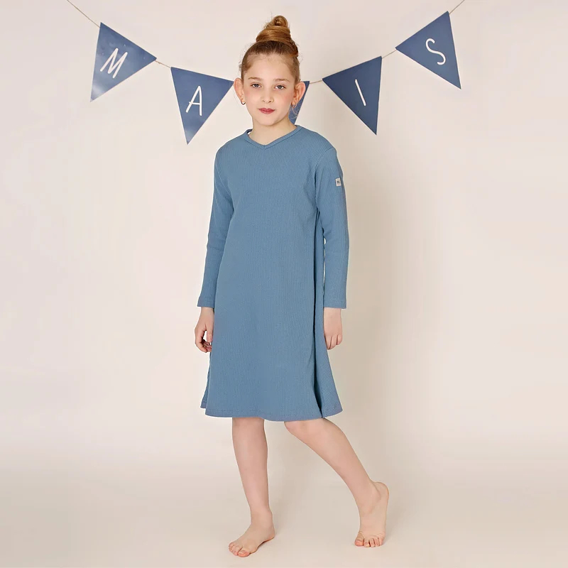 Vestido largo de varias estaciones para niñas, vestidos con cuello en v, conjunto de pijamas familiares de manga larga, ropa para niños, material acanalado de punto