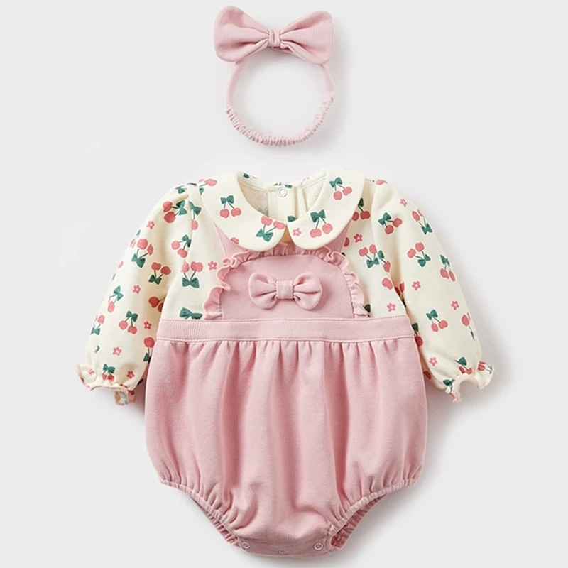 Ropa de primavera y otoño para niñas, monos de algodón con estampado de cereza y cuello de muñeca coreano, artículos para recién nacidos, pelele para bebé BC352 2 piezas