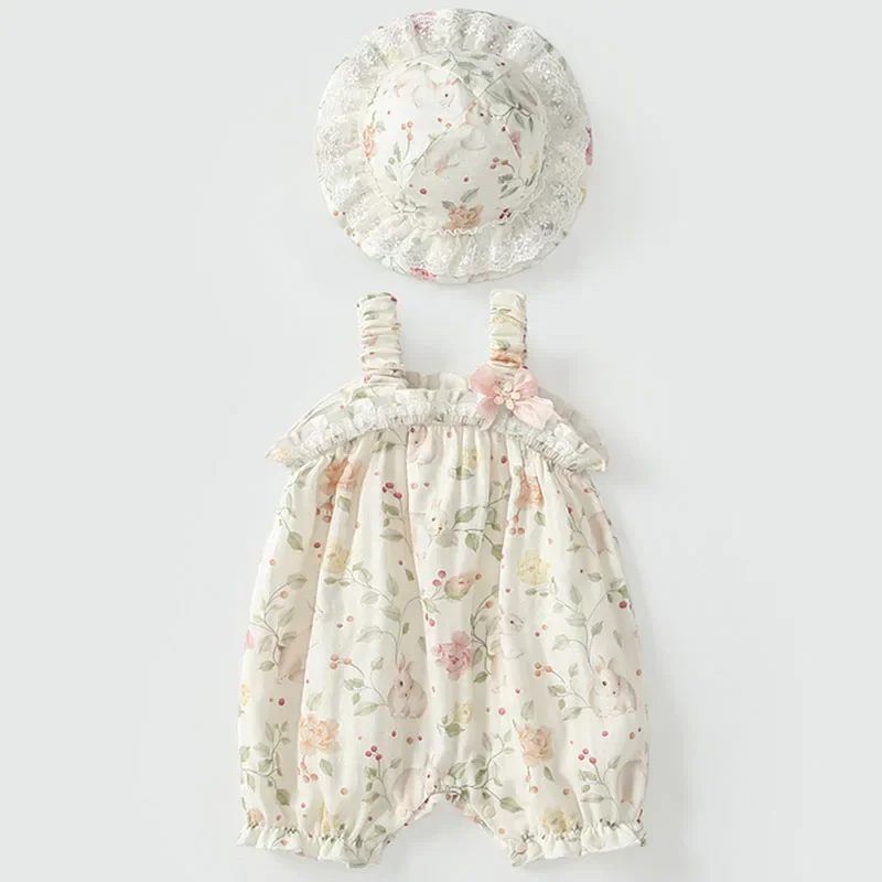 Conjuntos de 2 piezas de peleles de verano para niñas recién nacidas, ropa coreana con lazo de flores, monos de algodón sin mangas con estampado + sombrero, cosas para bebés B099