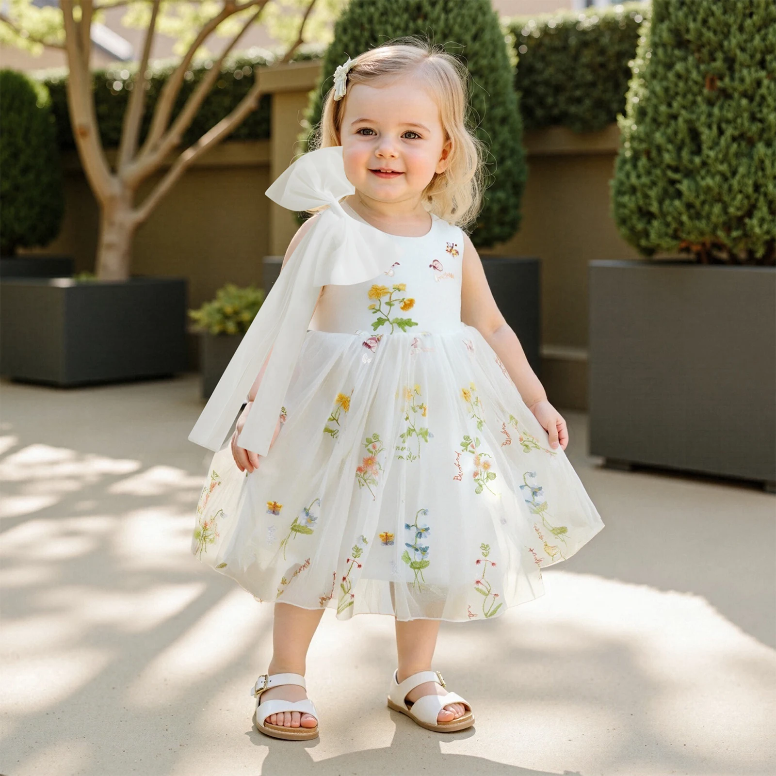 Vestido de tul sin mangas con flores para niña, cuello redondo - imagen 2
