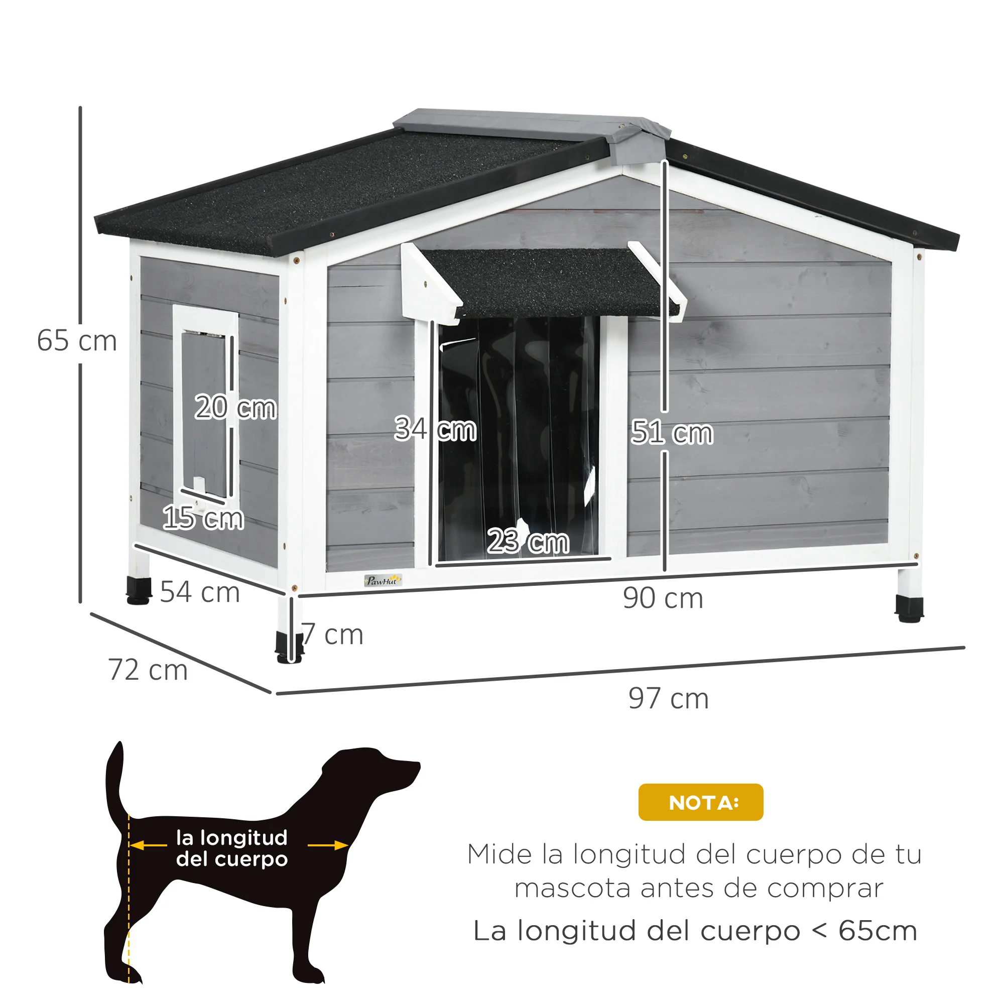 PawHut Caseta para Perros de Madera 97x72x65 cm Casita para Mascotas con Techo Asfáltico Abatible 2 Ventanas Puerta con Cortina y Base Extraíble - imagen 3