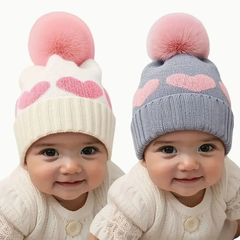 Gorro de punto con bola de terciopelo en forma de corazón, suave y cálido, bola de terciopelo de felpa, lleno de elasticidad, adecuado para salidas diarias