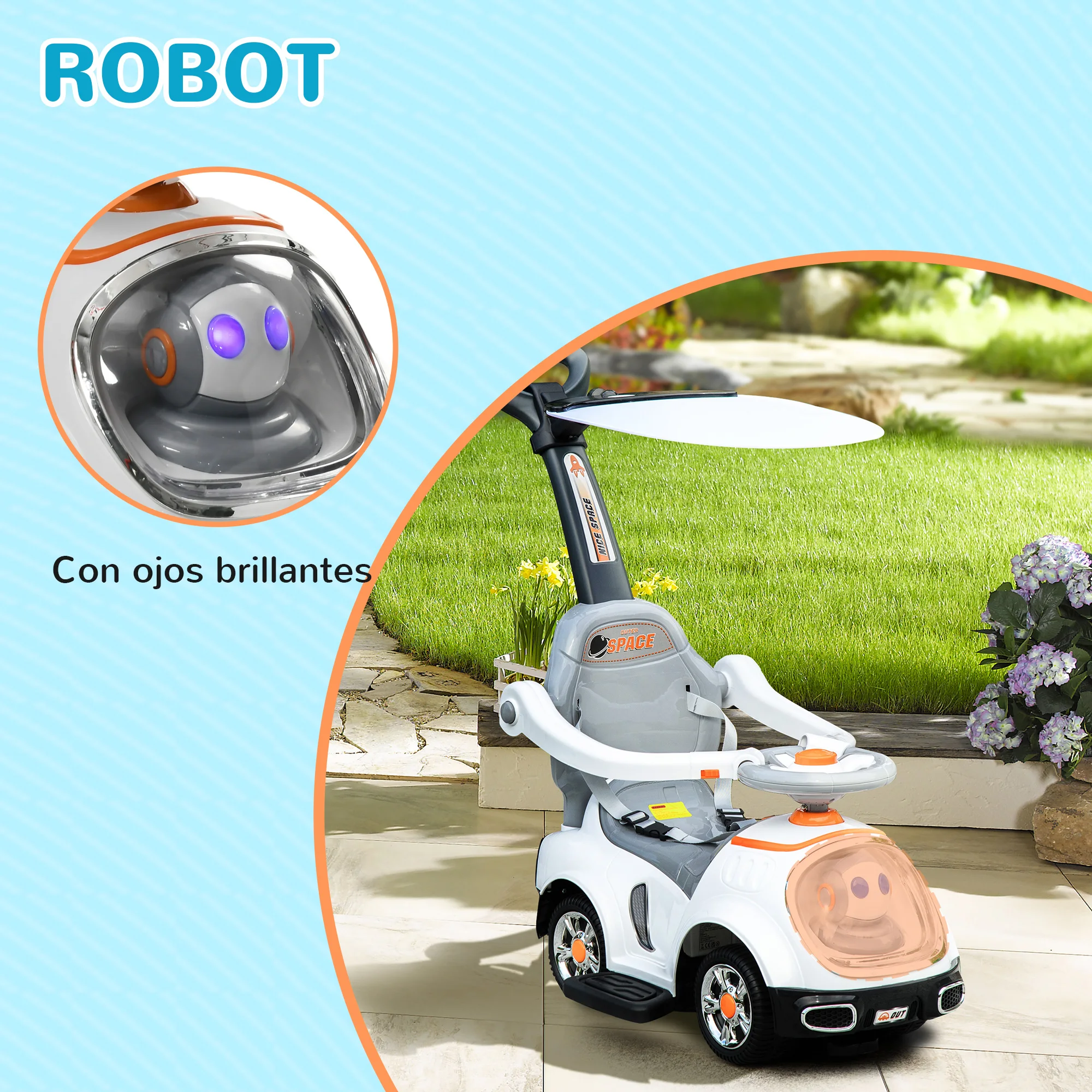 AIYAPLAY Coche Correpasillos 3 en 1 para Niños 12-36 Meses, Correpasillos con Espacio de Almacenaje, Diseño de Robot con Ojos Luminosos, Música, Bocina, Asa de Empuje y Toldo Extraíbles, Blanco - imagen 3