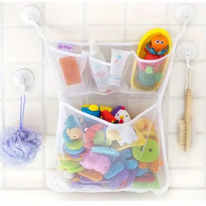 Juguetes de baño para Baby Shower, malla de almacenamiento de juguetes blanca para bebés y niños con fuertes ventosas, bolsa de juguetes, organizador de baño de red - imagen 5